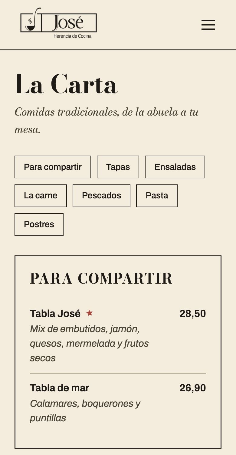 Carta digital de José, Herencia de Cocina, vista en el móvil