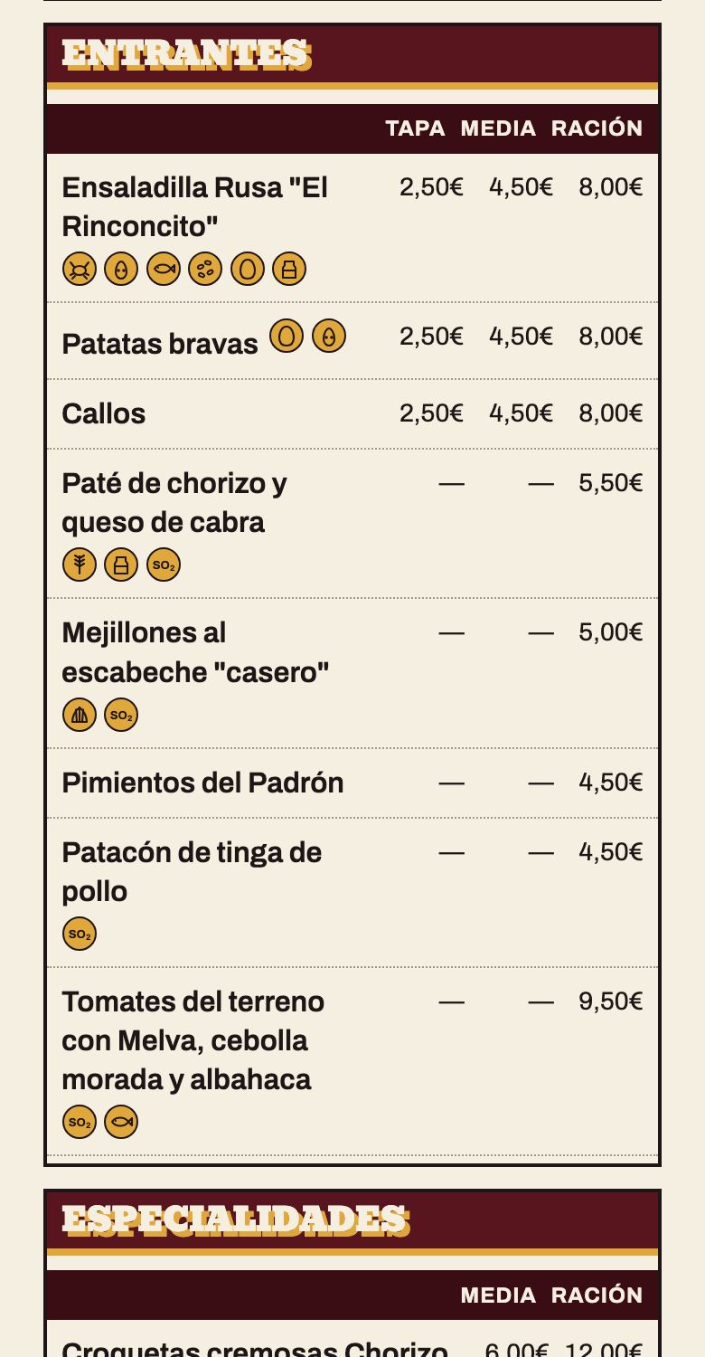 Carta digital de El Rinconcito de Huelin con alérgenos, vista en el móvil